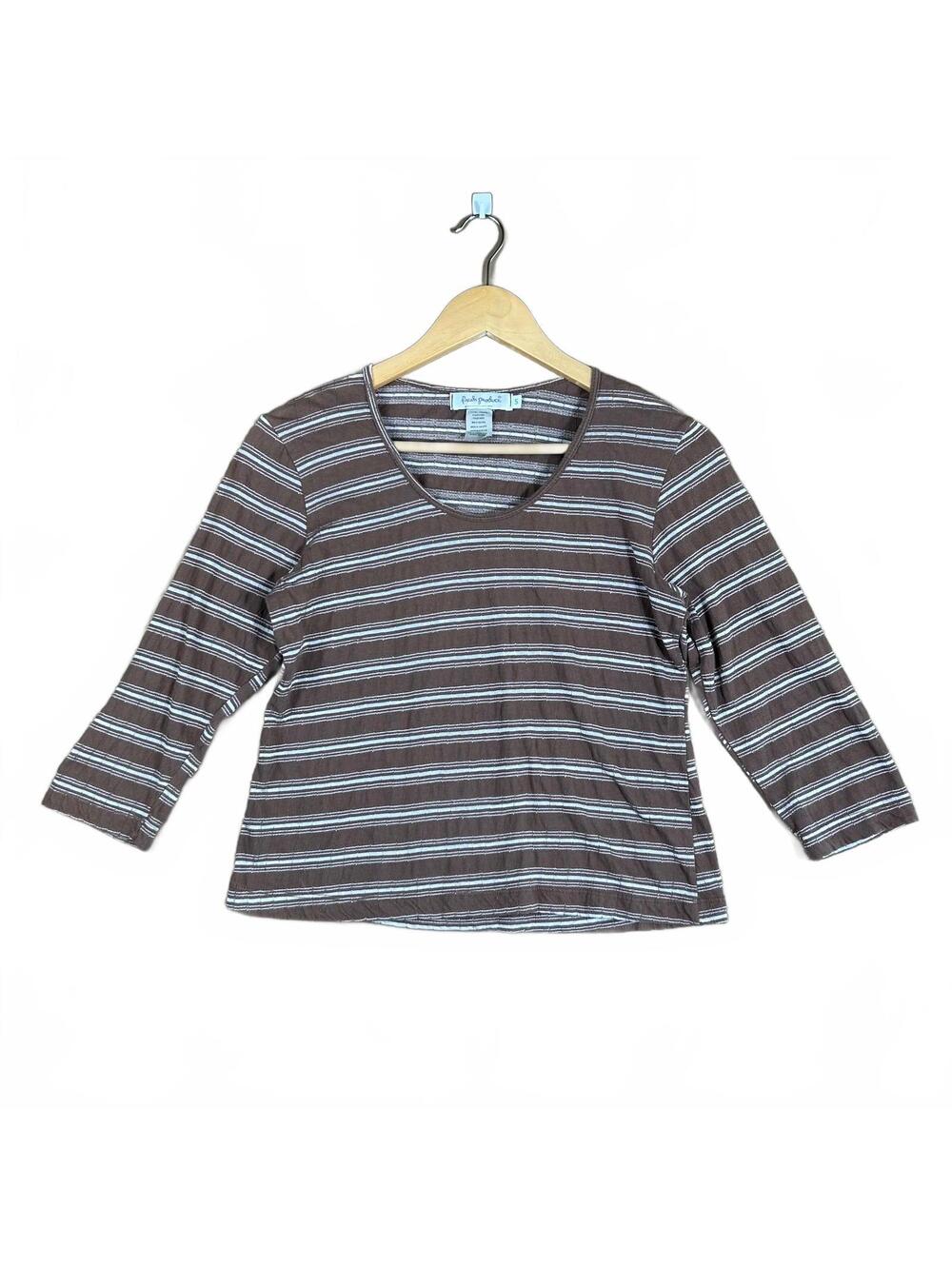 Fresh Produce Womens Size Small Brown Striped 3/4 Sleeve Top T-Shirt Minimalist